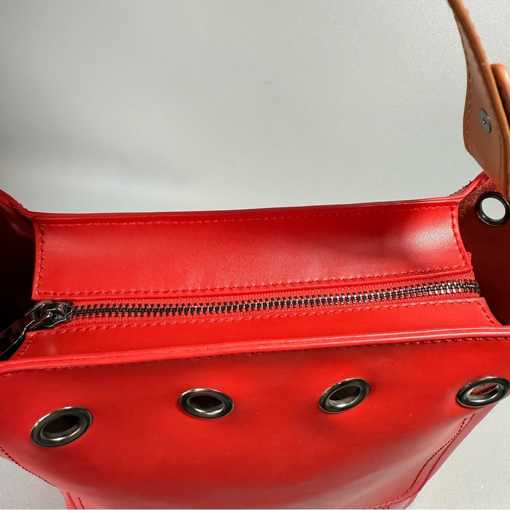 S-ZONE Red All Leather Bucket Tote Bag with Tan Handle and Metal Grommets - Picture 6 of 14